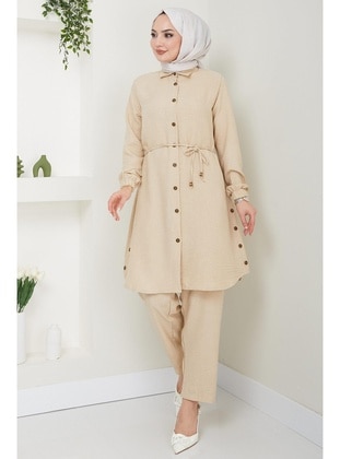 Beige - Suit - Hafsa Mina