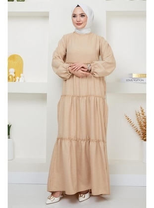 Beige - Modest Dress - Hafsa Mina