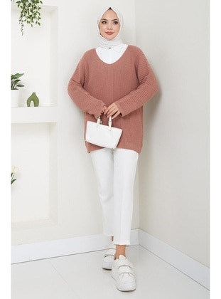 Dusty Rose - Unlined - V neck Collar - Knit Sweaters - Hafsa Mina