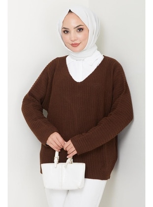 Brown - Unlined - V neck Collar - Knit Sweaters - Hafsa Mina