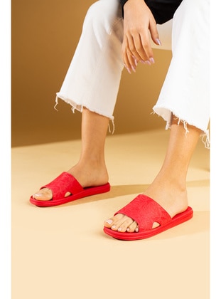 Red - Flat Slippers - Sandal - Pembe Potin