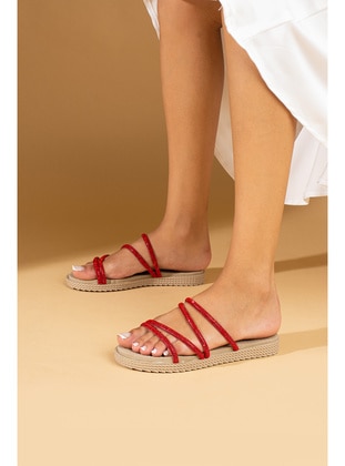 Red - Flat Slippers - Sandal - Pembe Potin