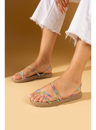 Multi Color - Flat Slippers - Sandal - Pembe Potin