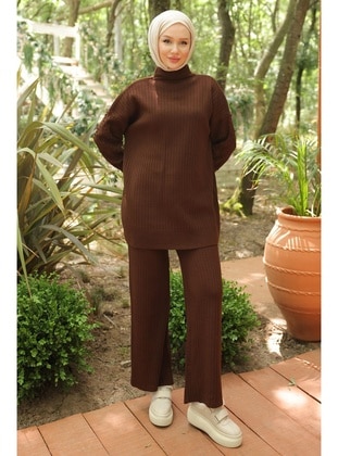 Brown - Unlined - Polo neck - Knit Suits - Hafsa Mina