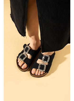 Black - Flat Slippers - Sandal - Pembe Potin