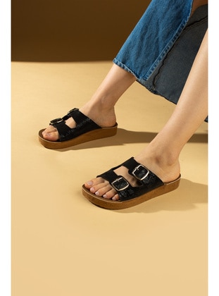 Black - Flat Slippers - Sandal - Pembe Potin