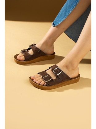 Tan - Flat Slippers - Sandal - Pembe Potin