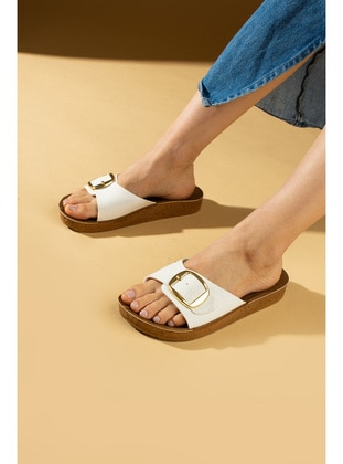 White - Flat Slippers - Sandal - Pembe Potin