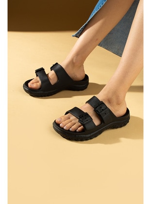 Black - Flat Slippers - Sandal - Pembe Potin