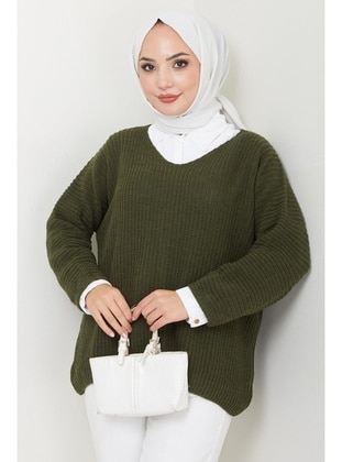 Khaki - Unlined - V neck Collar - Knit Sweaters - Hafsa Mina