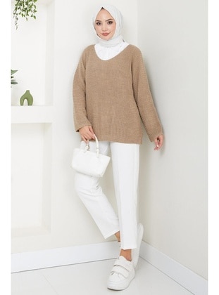 Mink - Unlined - V neck Collar - Knit Sweaters - Hafsa Mina