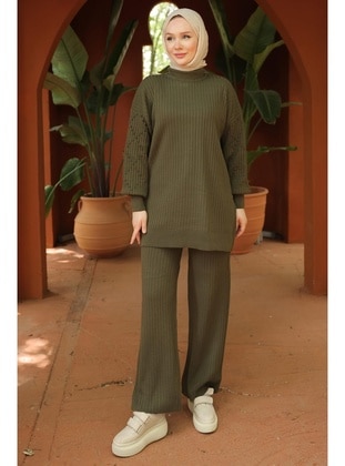 Khaki - Unlined - Polo neck - Knit Suits - Hafsa Mina