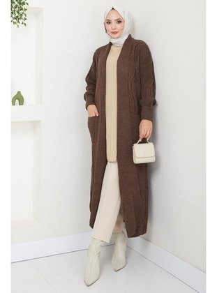 Brown - Knit Cardigan - Hafsa Mina