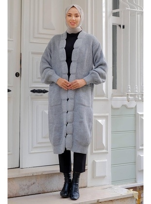 Grey - Knit Cardigan - Hafsa Mina