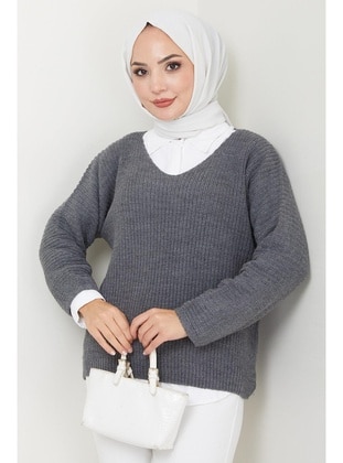 Smoke Color - Unlined - V neck Collar - Knit Sweaters - Hafsa Mina