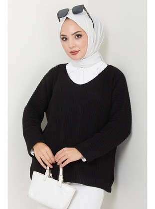 Black - Unlined - V neck Collar - Knit Sweaters - Hafsa Mina