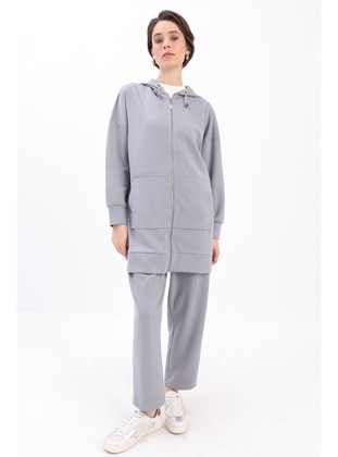 Grey - Hooded collar - Tracksuit Set - ALLDAY