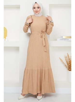 Beige - Modest Dress - Hafsa Mina