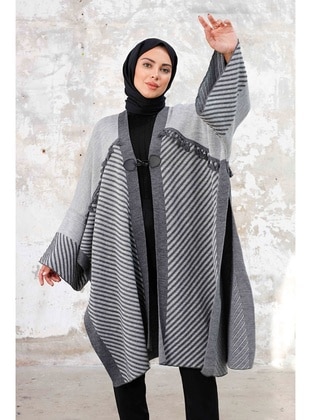 Grey - Knit Poncho - Bestenur