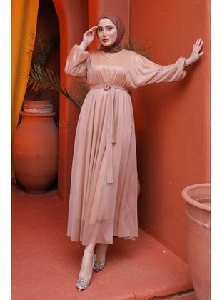 Beige - Fully Lined - Modest Dress - İmaj Butik