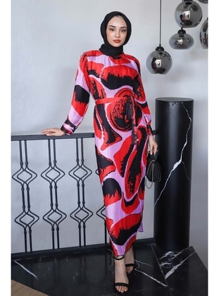 Red - Unlined - Modest Dress - İmaj Butik