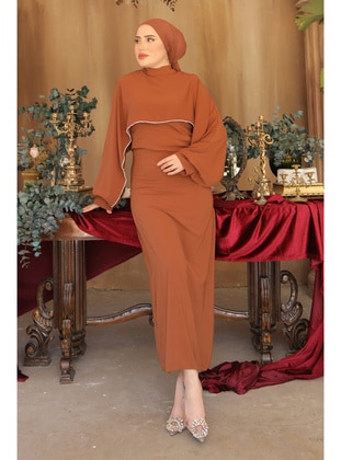 Tan - Unlined - Modest Evening Dress - İmaj Butik