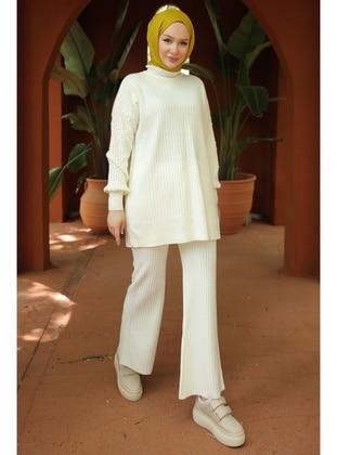 White - Unlined - Polo neck - Knit Suits - Hafsa Mina