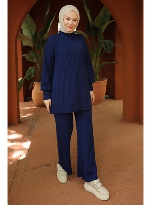 Navy Blue - Unlined - Polo neck - Knit Suits - Hafsa Mina