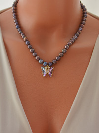 Collier Papillon Perle Noire Multicolore