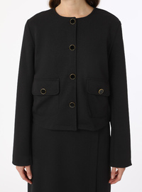 Tissu Crêpe Bouton Détail Poches Veste Jupe Set Noir
