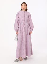 Robe Modeste Coton Mélangé Détail Ceinture Cravate Bleue Rayée Benin