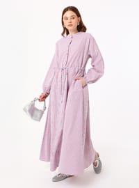 Robe Modeste Coton Mélangé Détail Ceinture Cravate Bleue Rayée Benin