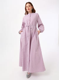 Robe Modeste Coton Mélangé Détail Ceinture Cravate Bleue Rayée Benin
