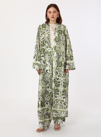 Green Floral Patterned Belted Satin Pantolon Kimono Set Refka