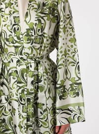 Green Floral Patterned Belted Satin Pantolon Kimono Set Refka