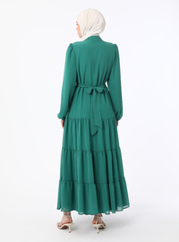 Robe Modeste Boutonnée Détail Côtes Vert Foncé Refka