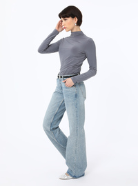Gerüschte Rollkragen Strickbluse Anthrazit