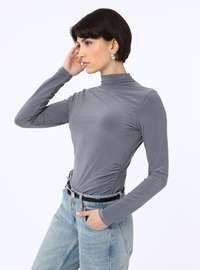 Gerüschte Rollkragen Strickbluse Anthrazit