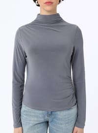 Gerüschte Rollkragen Strickbluse Anthrazit