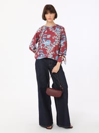 Floral Pattern Tie Sleeve Blouse Shirt Bordo Refka