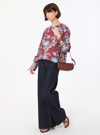 Floral Pattern Tie Sleeve Blouse Shirt Bordo Refka