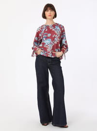 Floral Pattern Tie Sleeve Blouse Shirt Bordo Refka