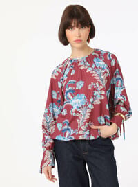 Floral Pattern Tie Sleeve Blouse Shirt Bordo Refka