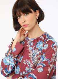 Floral Pattern Tie Sleeve Blouse Shirt Bordo Refka
