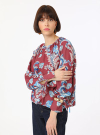 Floral Pattern Tie Sleeve Blouse Shirt Bordo Refka