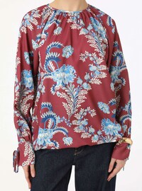 Floral Pattern Tie Sleeve Blouse Shirt Bordo Refka