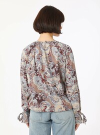 Printed Tie-Sleeve Blouse Beige