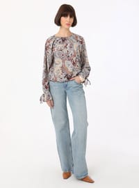 Printed Tie-Sleeve Blouse Beige