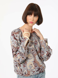 Printed Tie-Sleeve Blouse Beige