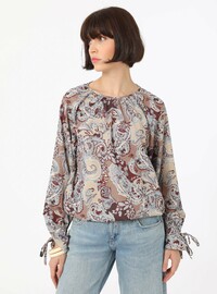 Printed Tie-Sleeve Blouse Beige